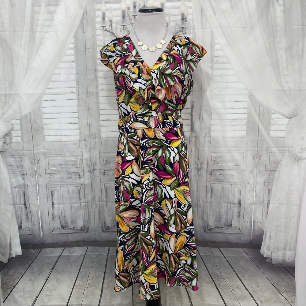 NEW London Times Size 10P 10 Ruffled Midi Dress V-Neck Purple Floral Sleeveless